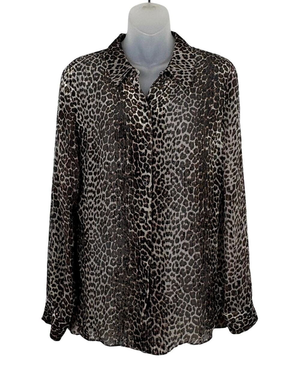 ELIE TAHARI Burnout Velvet Leopard Print Long Sleeve Button Up Shirt Top Size S